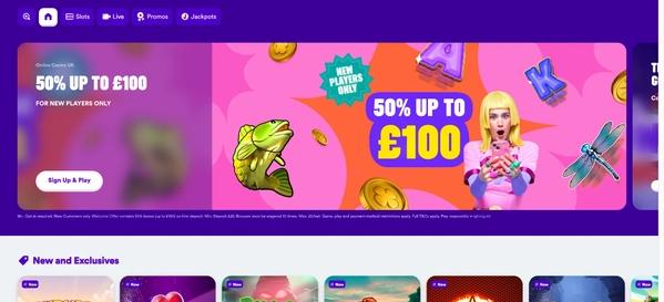 Casumo homepage with 50% up to £100 welcome bonus banner and new games grid including Amobeya, Temple Tumble, and Mystic Wins slots.
