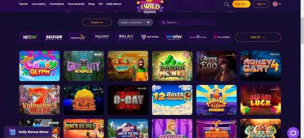 iWild Casino game library featuring slot titles including Candy Glyph, Money Cart, Shanghai Gold from NetEnt, Pragmatic Play, and Relax Gaming providers