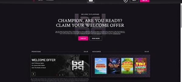 PlayGrand online casino homepage with welcome bonus offer banner, new games section, and promotional slots display.