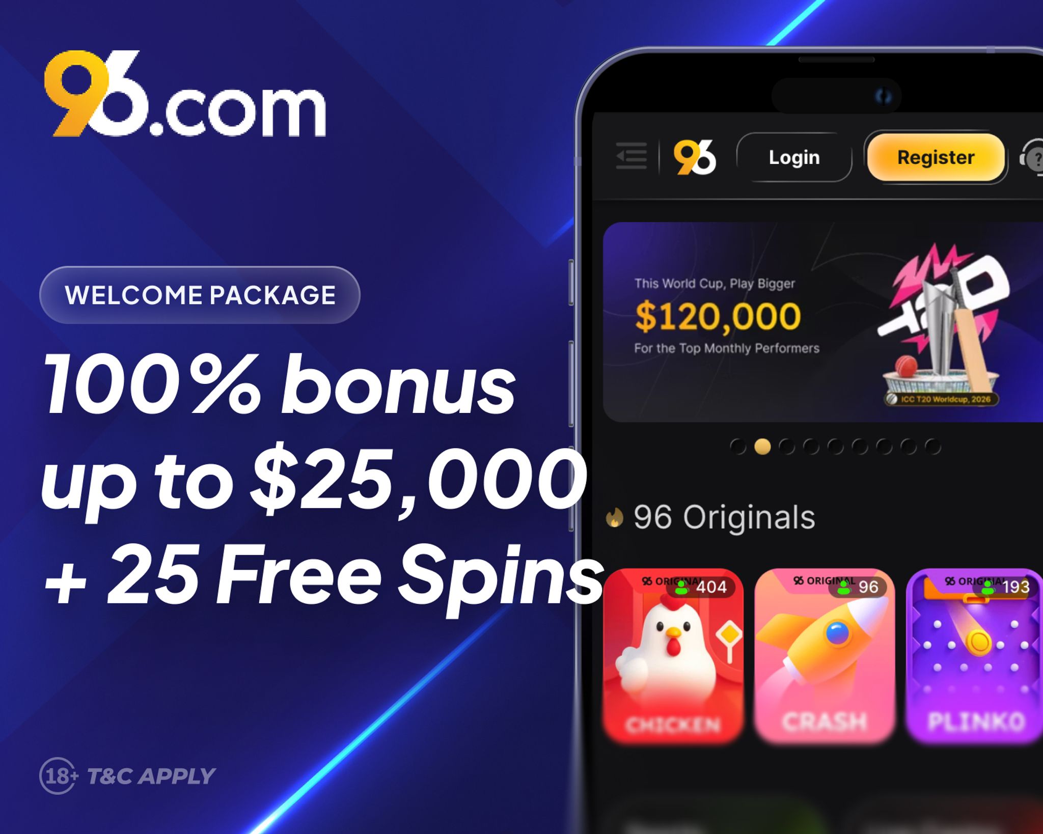 96.com Casino Bonus 2026 - 100% bonus up to $25,000+25 FS