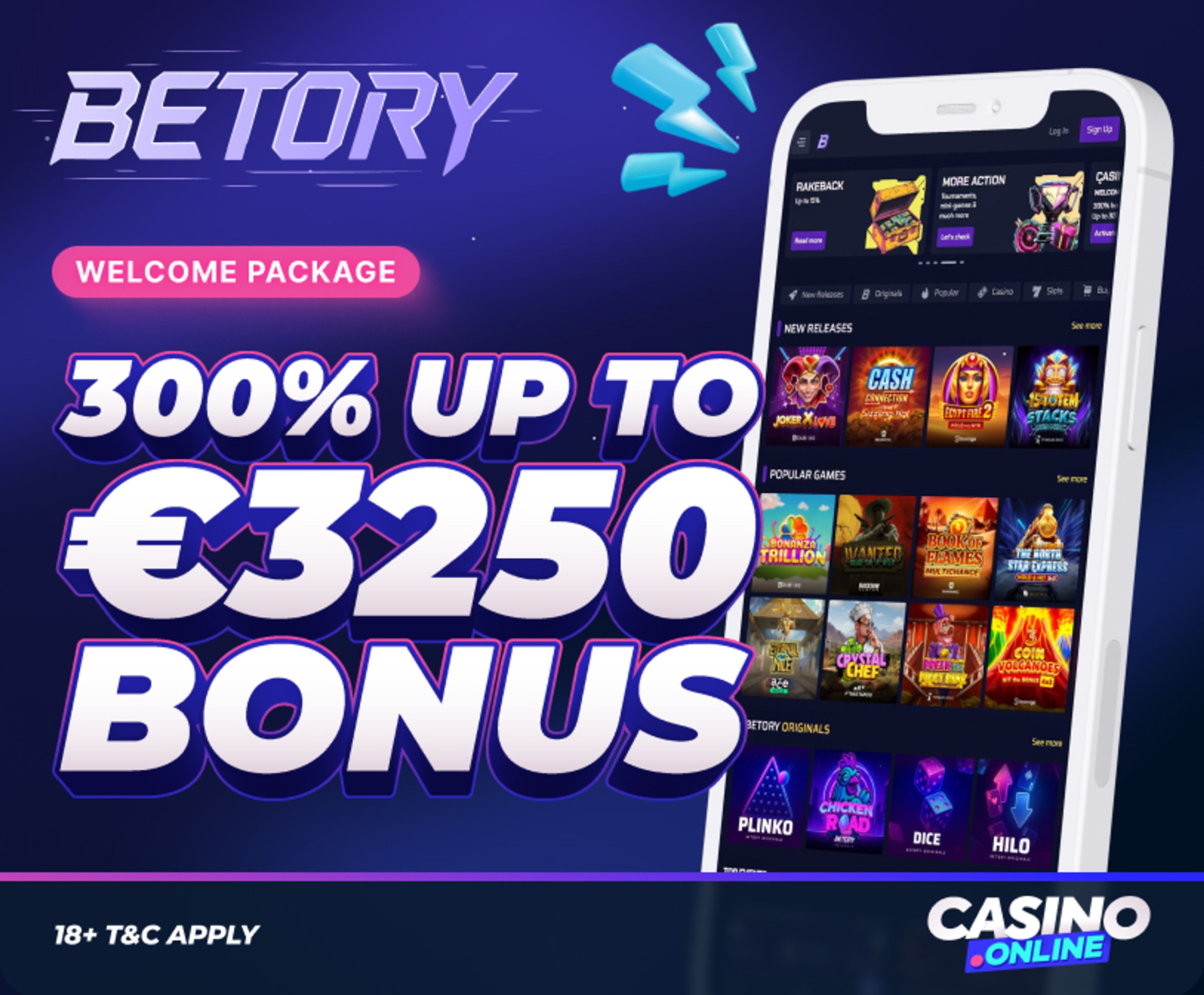 Betory offers 300% up to 3250 EUR welcome bonus.