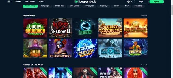 betpanda slots grid: Lucky Cauldron, Blood Shadow II, Plinko, Clumsy Cowboys, Lightning Clovers.