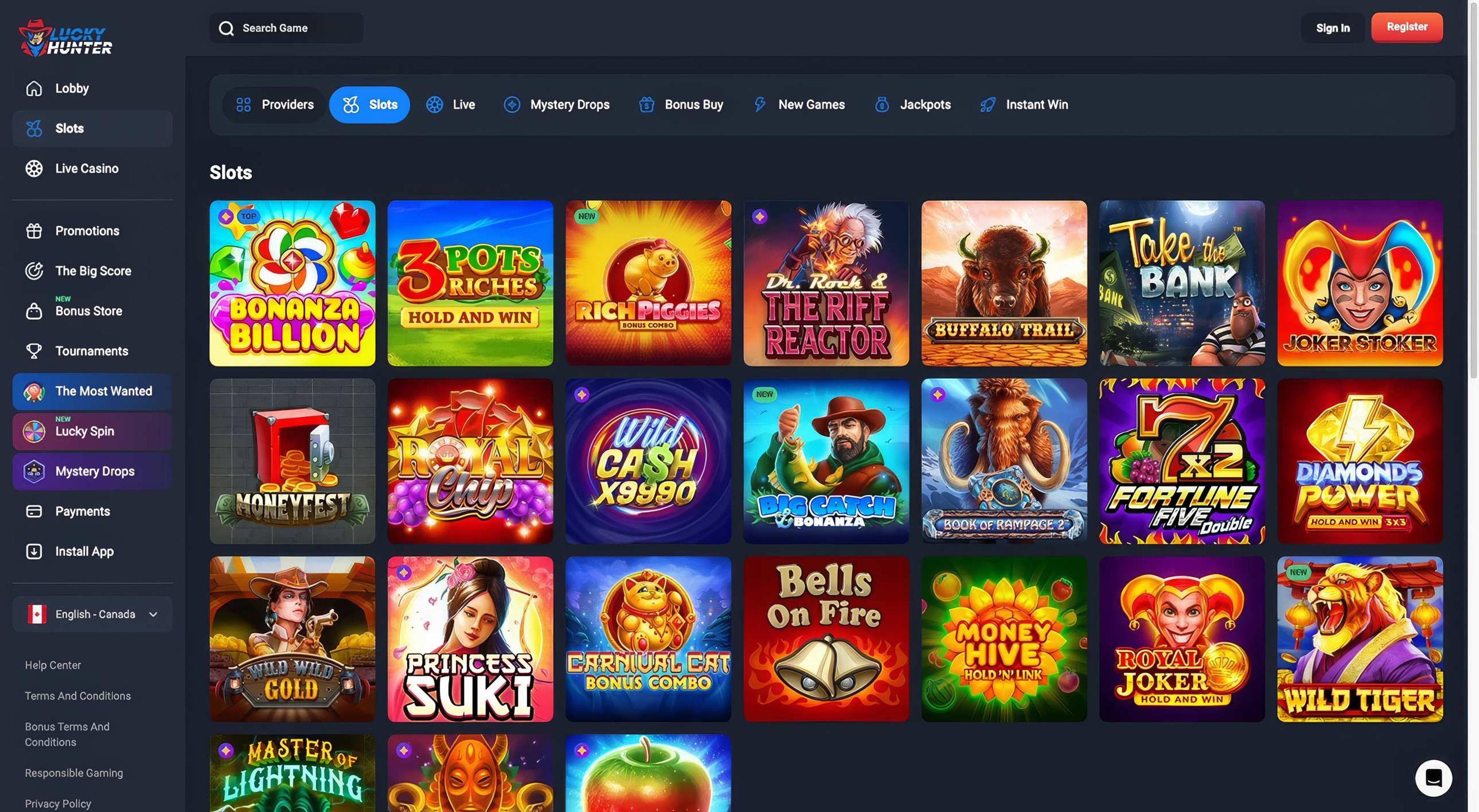 Lucky Hunter Casino desktop screenshot 2