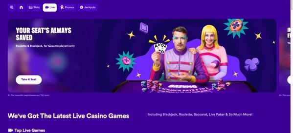 Casumo "Your Seat's Always Saved" campaign banner featuring live casino games with players and poker chips promoting latest live dealer offerings.