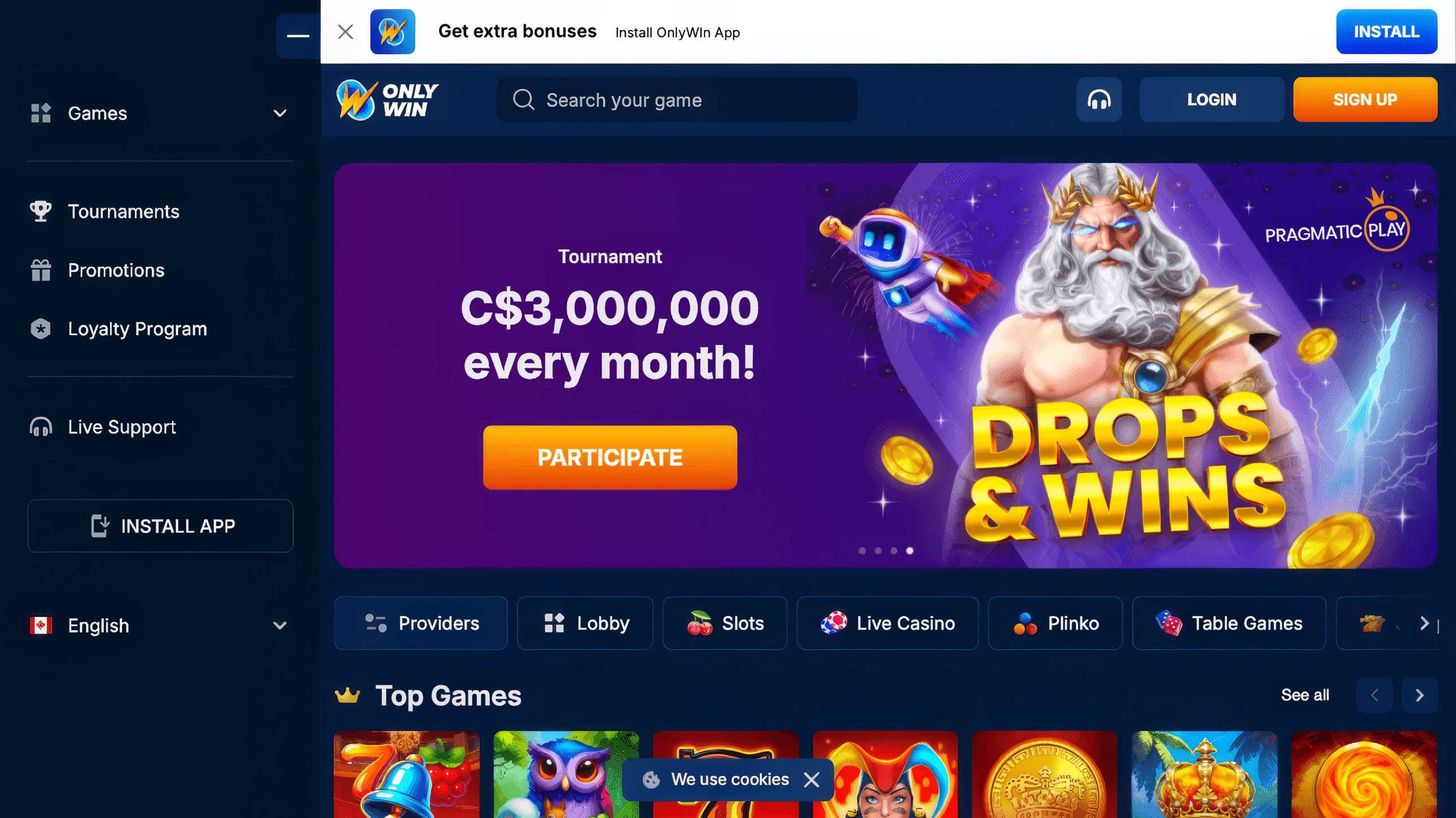 OnlyWin Casino desktop screenshot 1