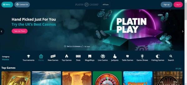 platin casino homepage desktop