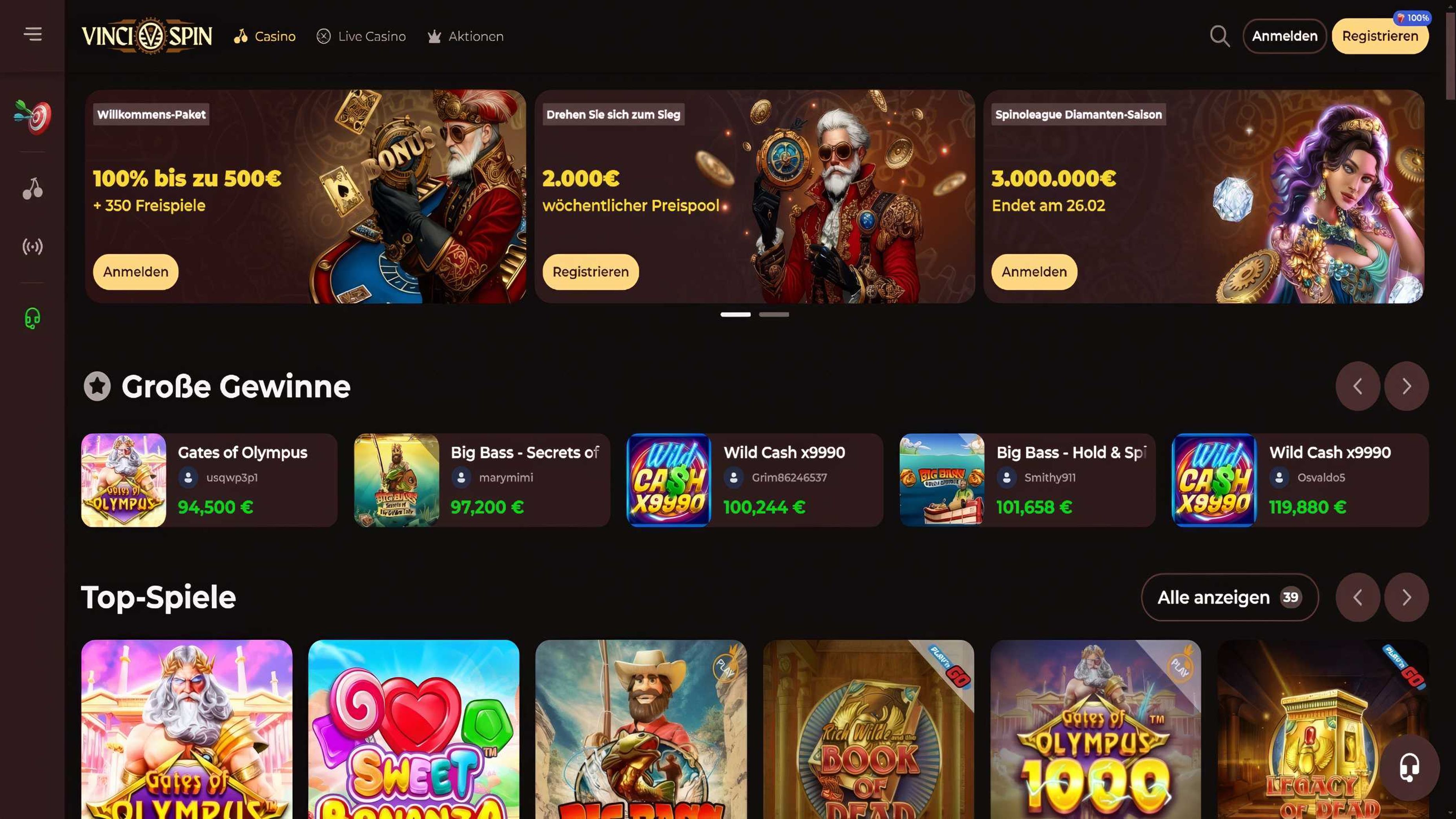 Vincispin Casino desktop screenshot 1