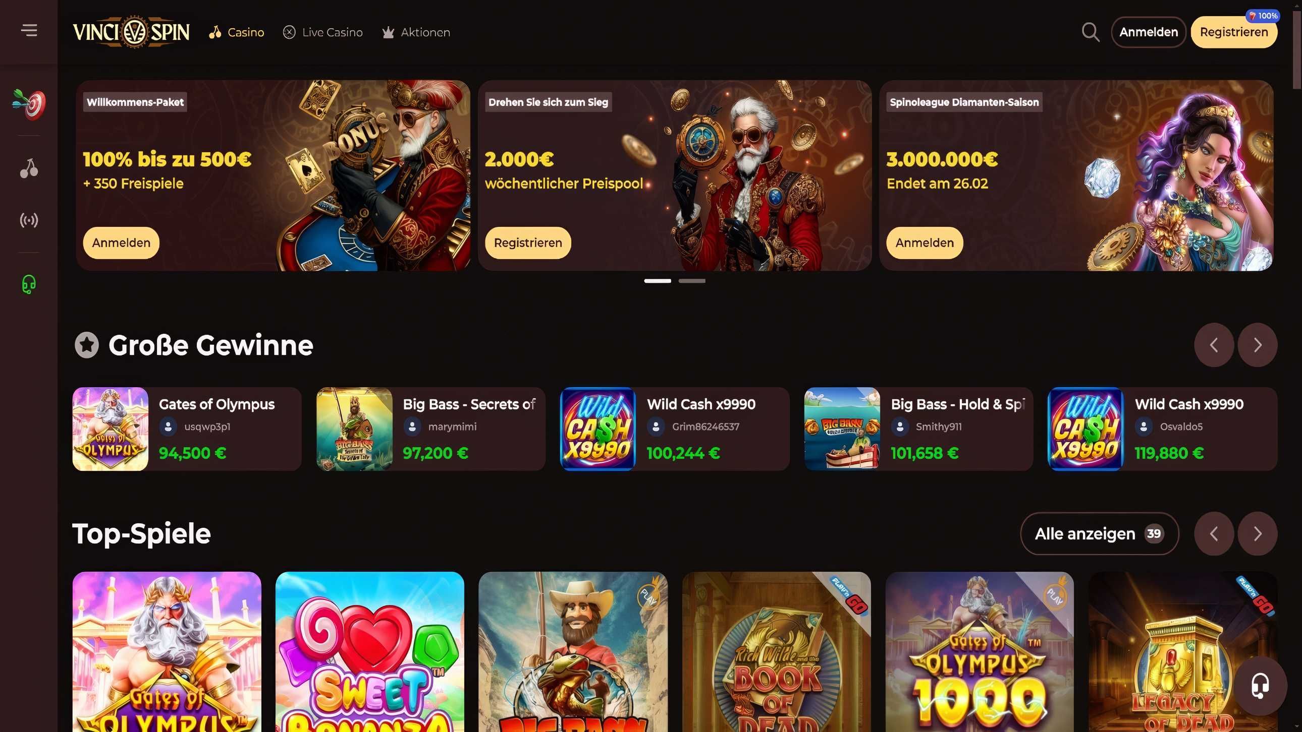 Vincispin Casino desktop screenshot 1