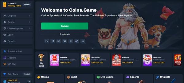 Coins.game Casino Homepage Desktop