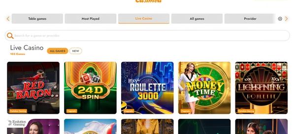 Casimba live casino section displaying games like Red Baron, Mega Roulette and Lightning Roulette.
