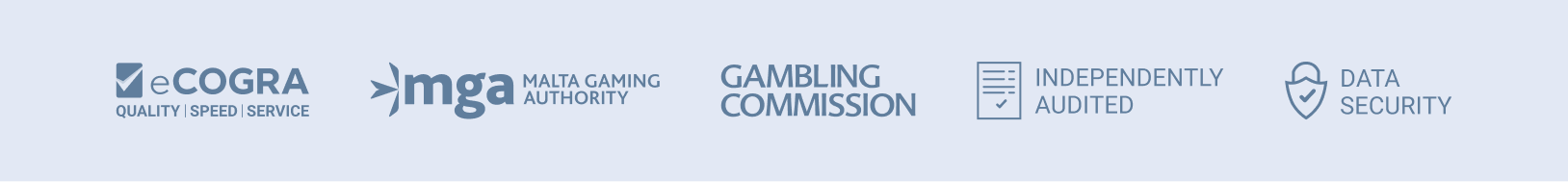 Logos for eCOGRA, Malta Gaming Authority, Gambling Commission, independent audit, and data security, highlighting trusted licensing and fair casino certifications
