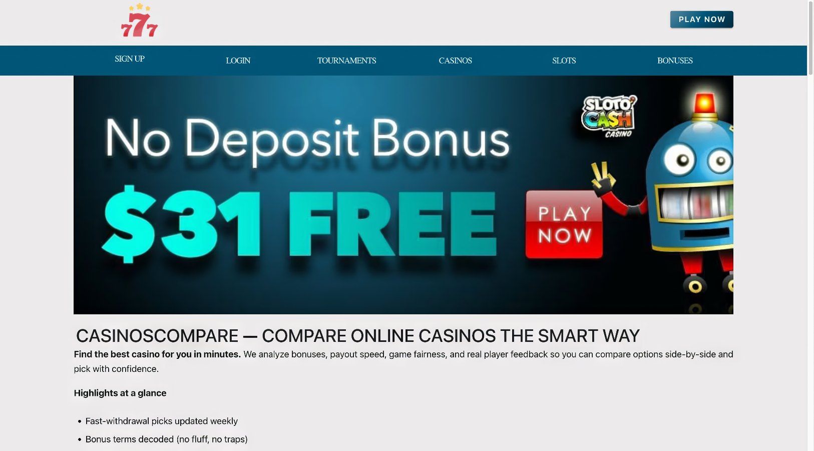 Perfect. I can see the CasinosCompare homepage clearly. Here's the SEO-optimized alt text for No. 5:  Alt Text: "CasinosCompare rated No. 5 casino comparison site featuring bonus offers and curated online casino options with detailed operator reviews.