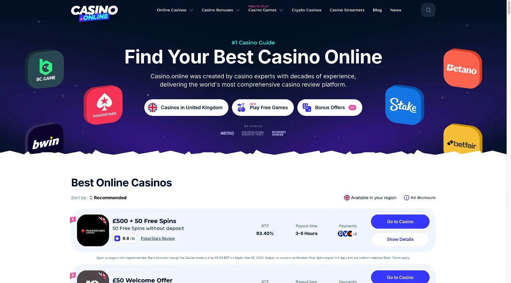 Casino.Online rated No. 1 online casino guide featuring bwin, Stake, Betano, and other top operators with live casino and mobile gaming.