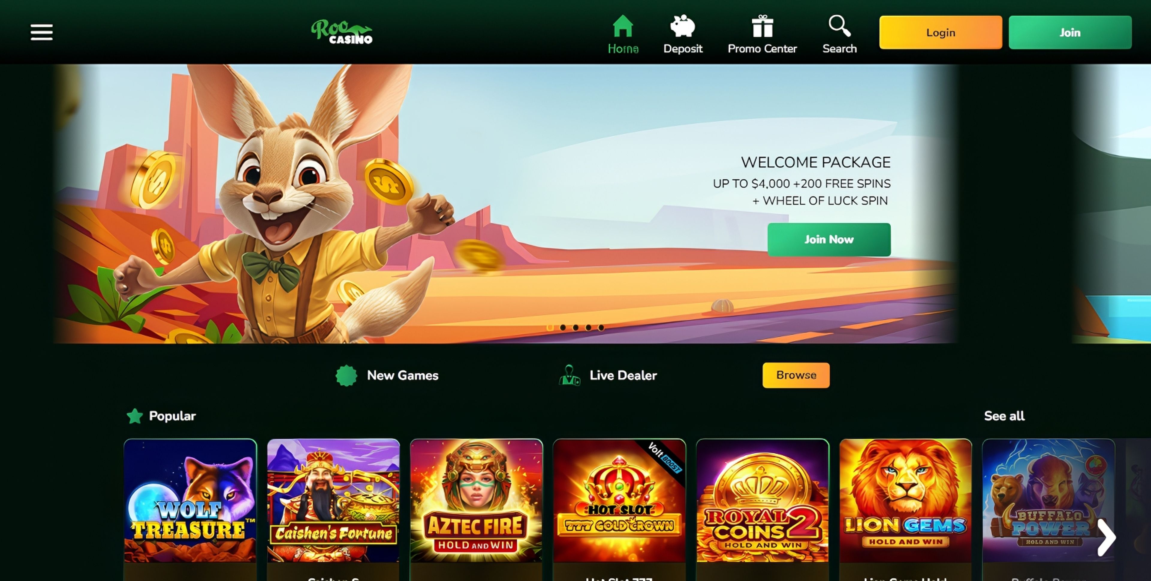 Roo casino desktop screenshot 1
