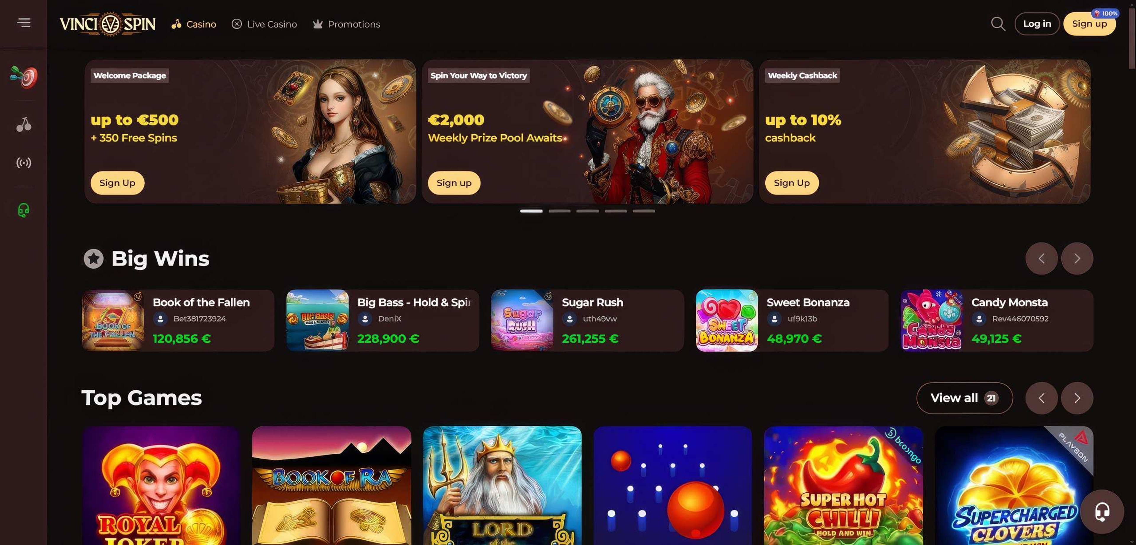 Vincispin Casino desktop screenshot 1
