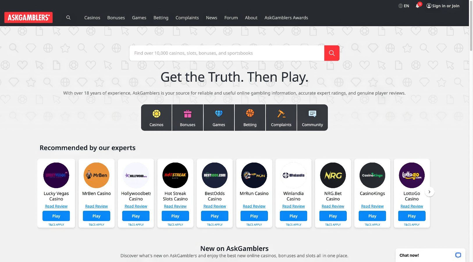 AskGamblers rated No. 2 casino guide featuring expert-recommended operators with ratings, bonuses, and player reviews across multiple gaming categories.