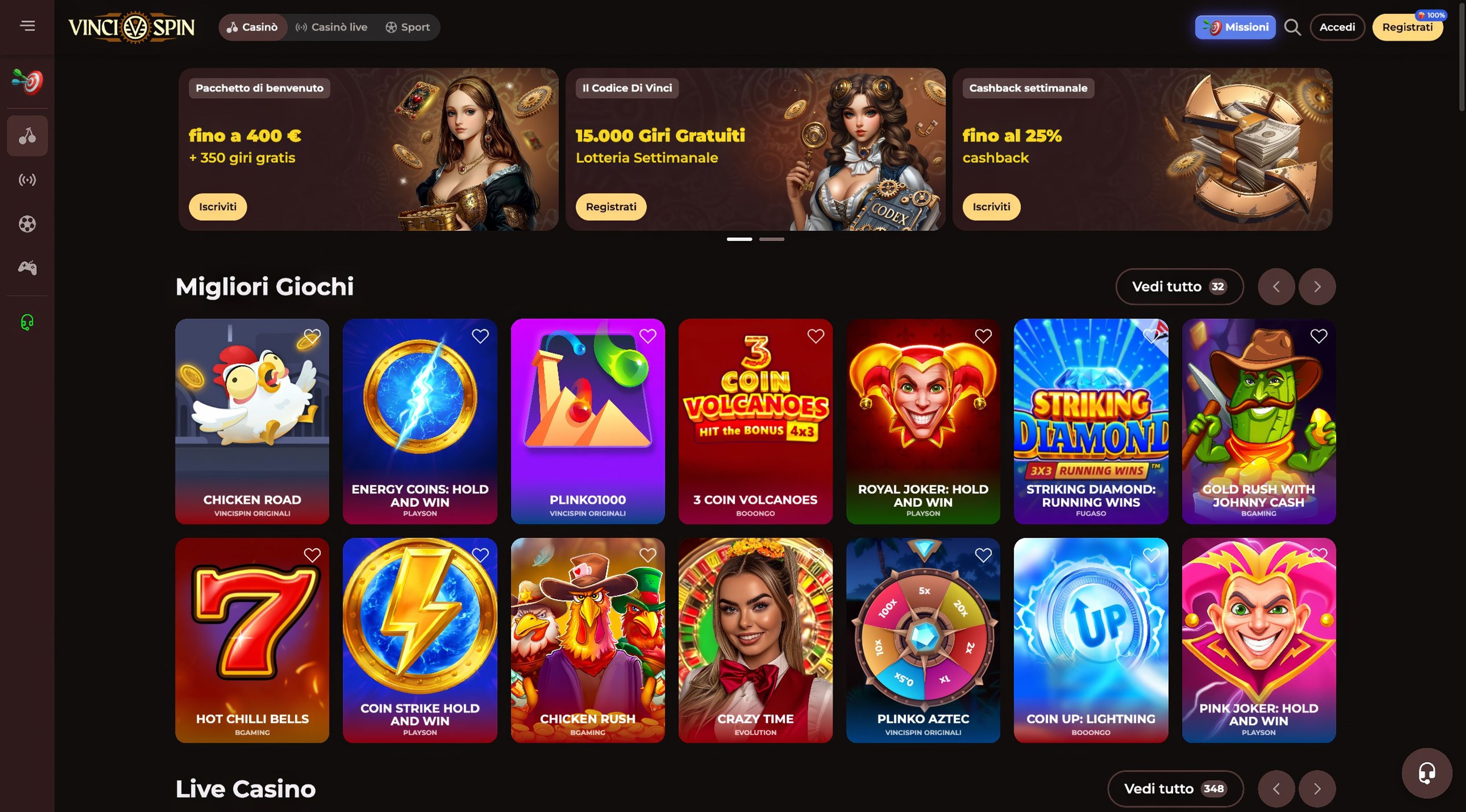 Vincispin Casino desktop screenshot 2