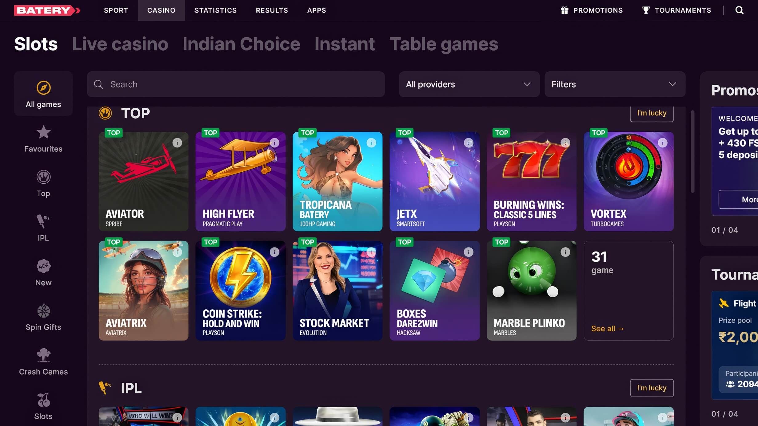 Batery Casino India desktop screenshot 2