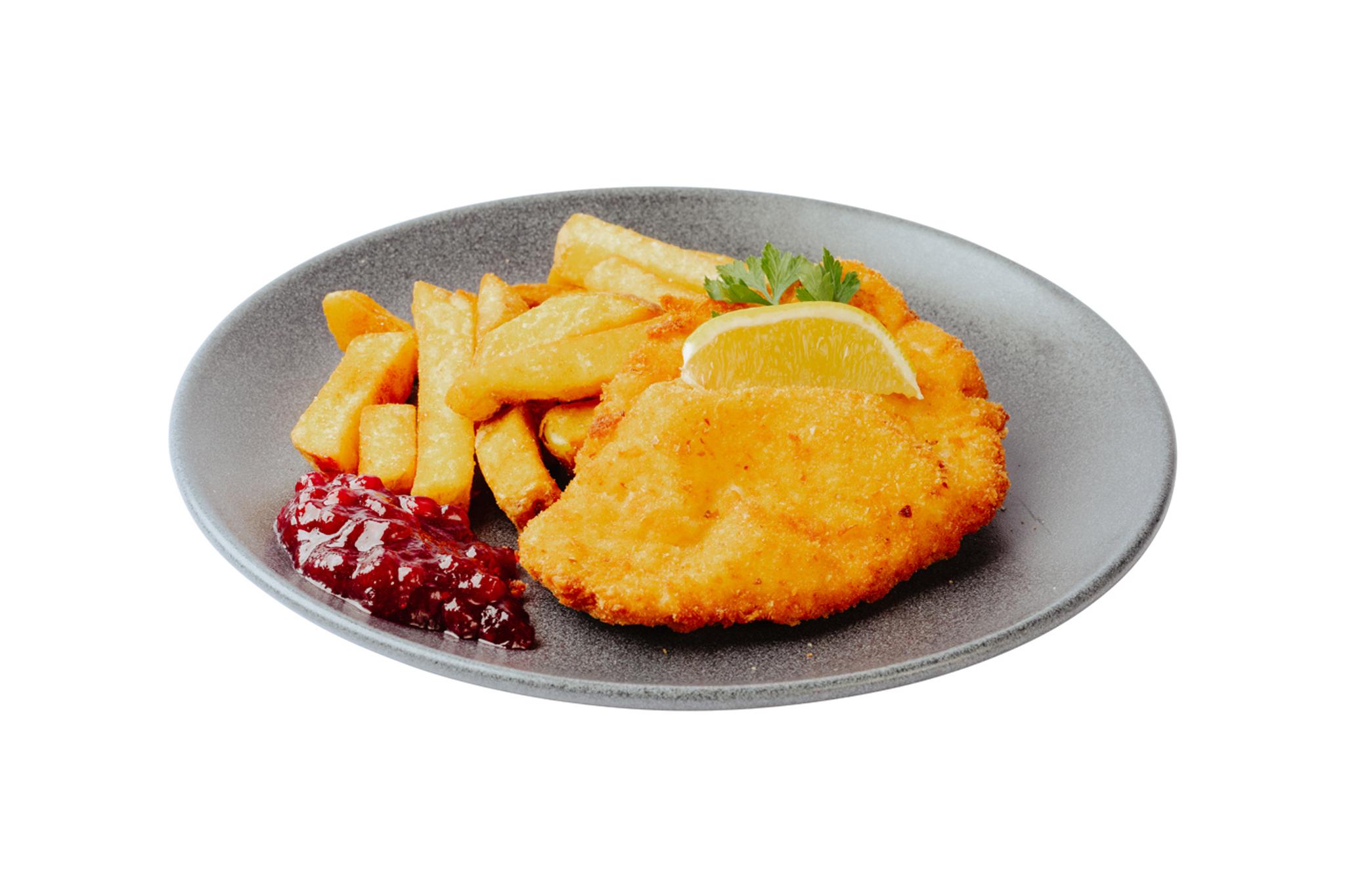 Kinderwiener vom Schwein mit Pommes