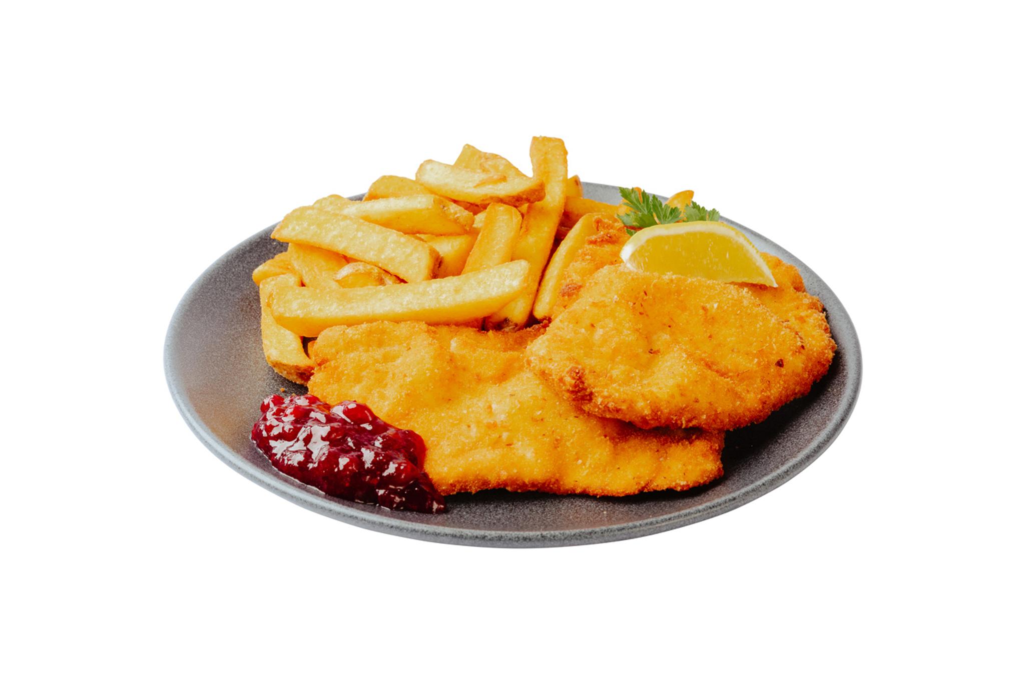 Wienerschnitzel vom Schwein mit Pommes