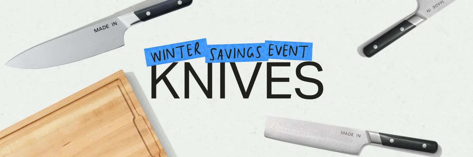 Promotional graphic for a winter savings event featuring various knives and a wooden cutting board.