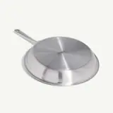 A stainless steel frying pan with a long handle and a flat, fitted lid, set on a light background.