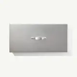A silver drawer front is shown against a white background with a simple metal handle attached to its center.