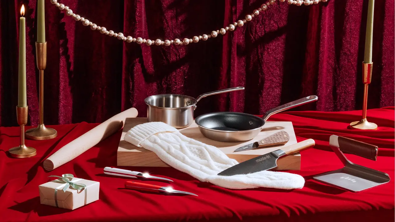 An assortment of cooking utensils and a small gift box are elegantly presented on a red cloth with a plush burgundy curtain backdrop, evoking a cozy, festive atmosphere.