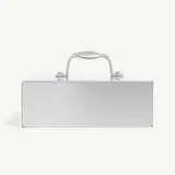 A silver metal briefcase with a sturdy handle and simple locking mechanism, placed against a light background.