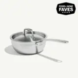 A stainless steel saucepan with a lid and a long handle is shown, highlighted as a favorite by Food & Wine.