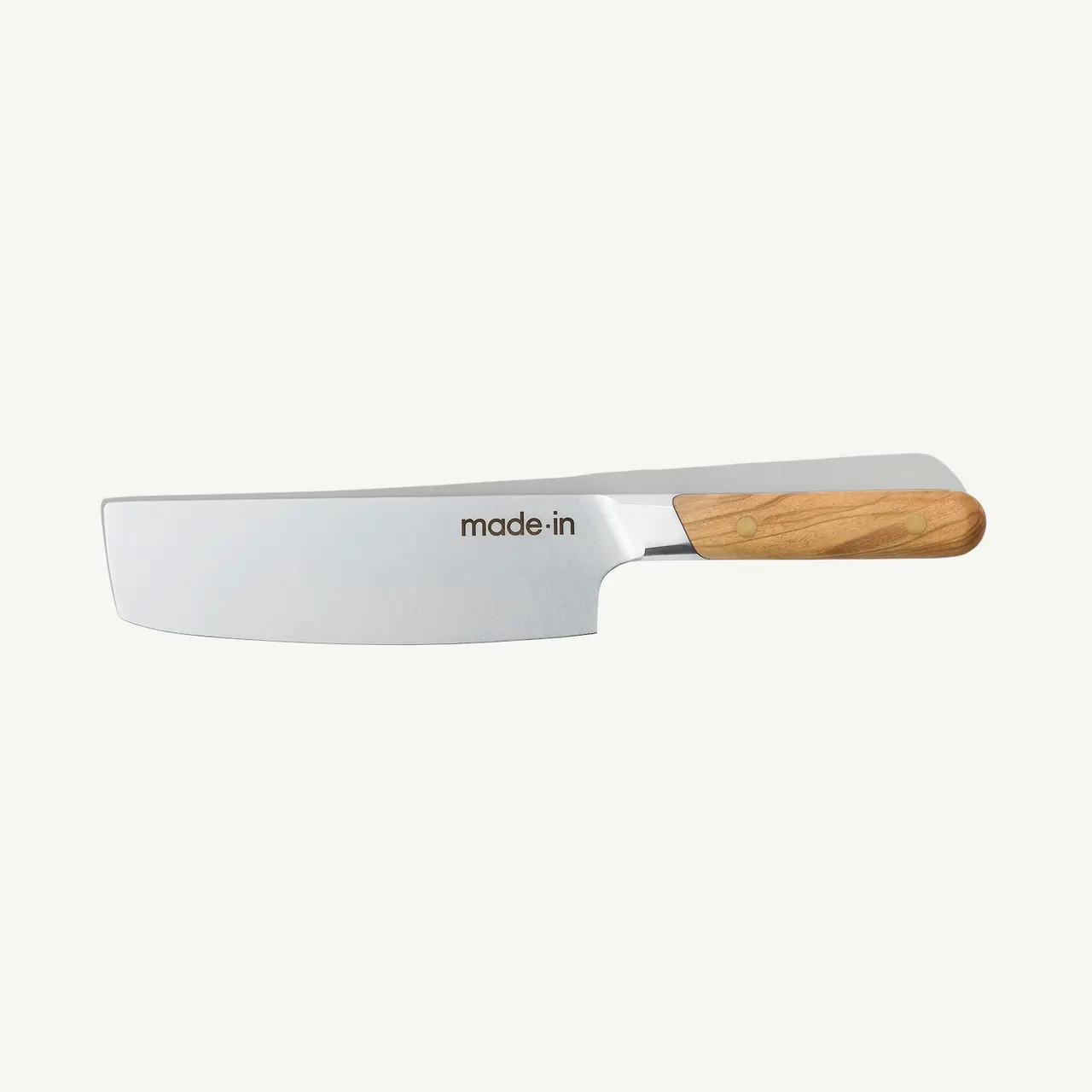 A stainless steel kitchen knife with a wooden handle isolated on a white background.