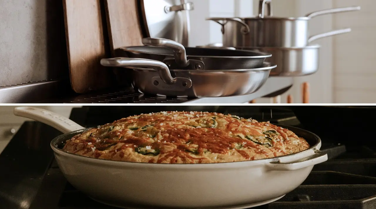 A diptych of kitchen scenes with the top showing a neatly stacked array of cooking pans on a shelf and the bottom featuring a close-up of a frittata with green vegetables in a white skillet on a stovetop.