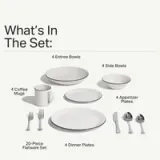 A table setting displaying a dishware set that includes 4 entree bowls, 4 side bowls, 4 coffee mugs, 4 appetizer plates, 4 dinner plates, and a 20-piece flatware set.