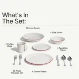 A collection of dishware and cutlery is displayed, including four entree bowls, side bowls, coffee mugs, appetizer plates, dinner plates, and a 20-piece flatware set.