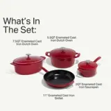 A set of enameled cast iron cookware in red, including two Dutch ovens, a skillet, and a saucepan, is displayed with their respective sizes labeled.