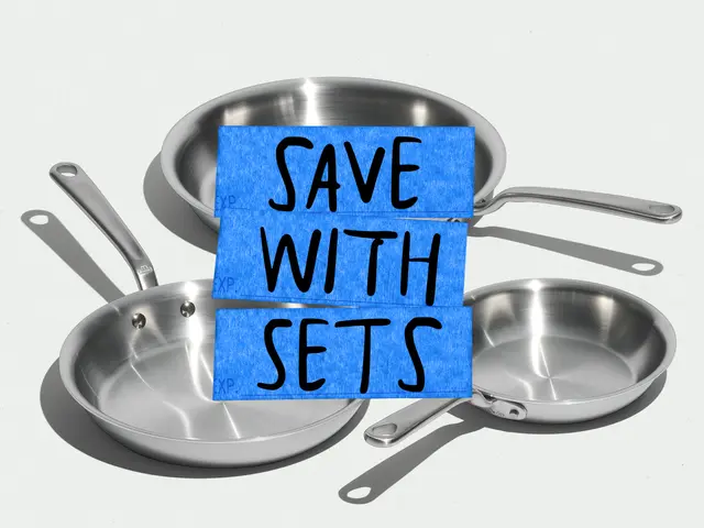 Three stainless steel frying pans are displayed with a blue banner overlay that reads "SAVE WITH SETS."
