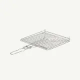 A metal grilling basket with a hinged design and a handle for easy flipping and serving of grilled food.