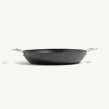 A sleek, black frying pan with two stainless steel handles.
