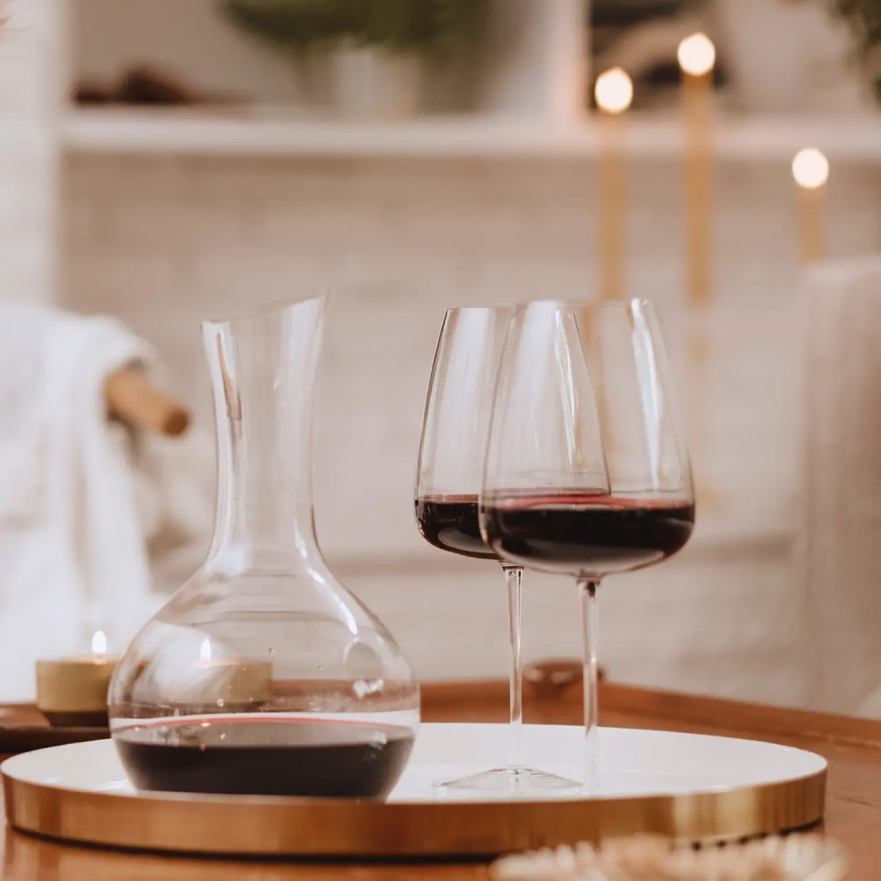 decanter with red wine glasses lifestyle image