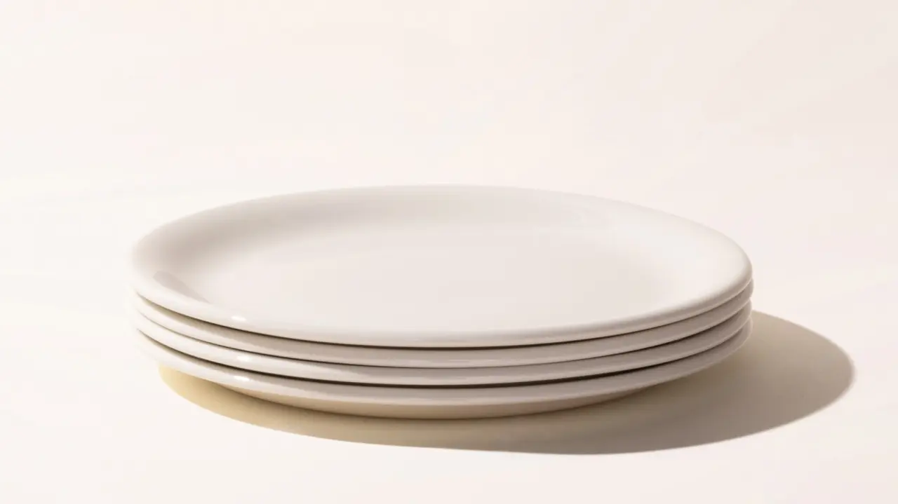 A stack of clean white plates on a light surface with soft shadowing.