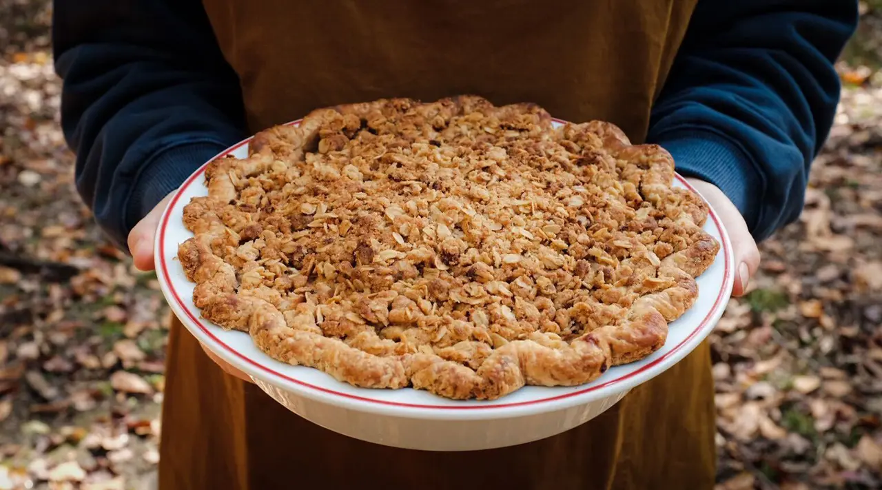 A person is holding a large freshly-baked apple crumble pie with a flaky crust in an outdoor autumn setting.