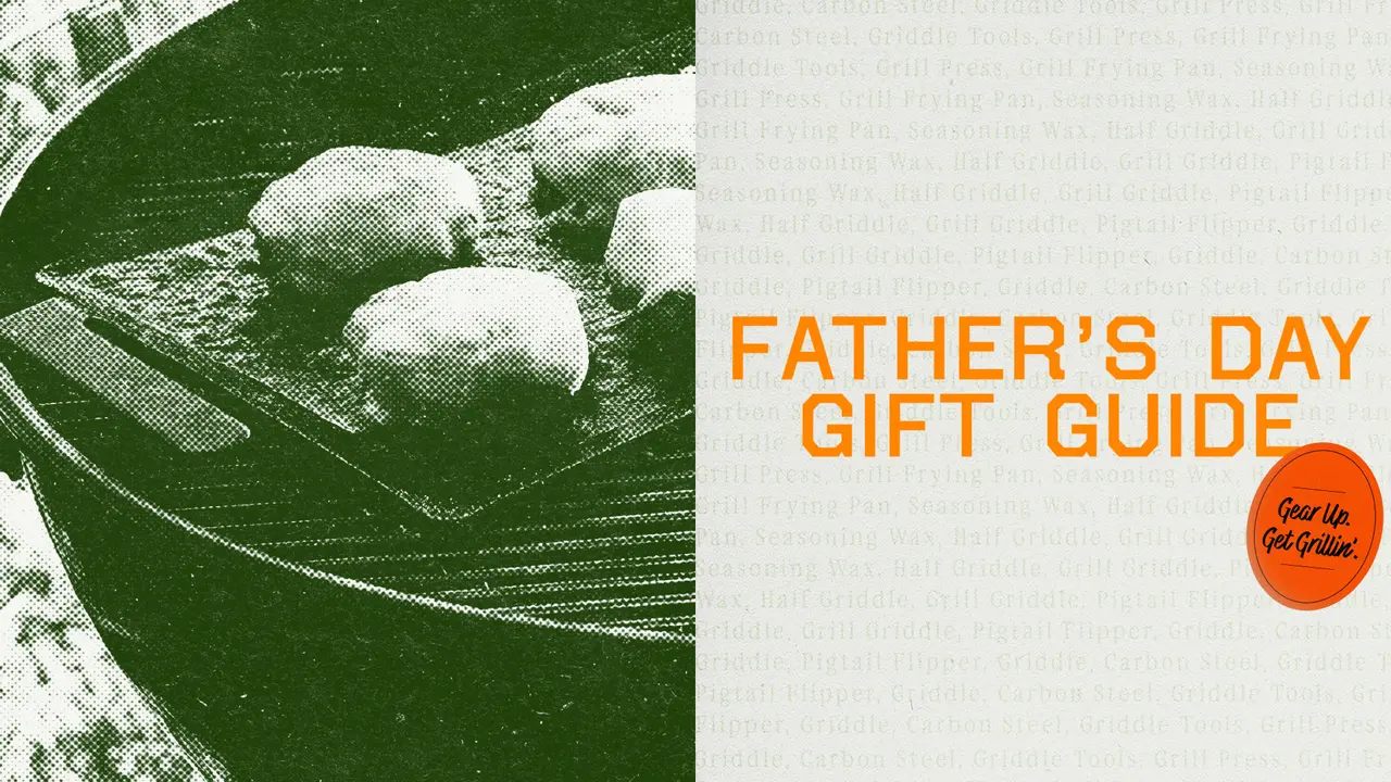 A split graphic with grilled food on the left and text reading "Father's Day Gift Guide" on the right suggests ideas for presents on the occasion of Father's Day.