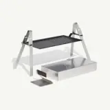 A minimalist modern laptop stand with an attached mobile phone holder and a metallic drawer for storage against a light background.