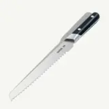 A serrated baking knife with a black handle and a silver blade marked with "MADE IN."