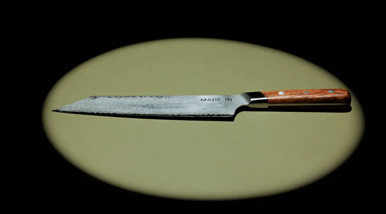 A finely crafted kitchen knife with a wooden handle is highlighted against a dark background with an elliptical spotlight on the blade.
