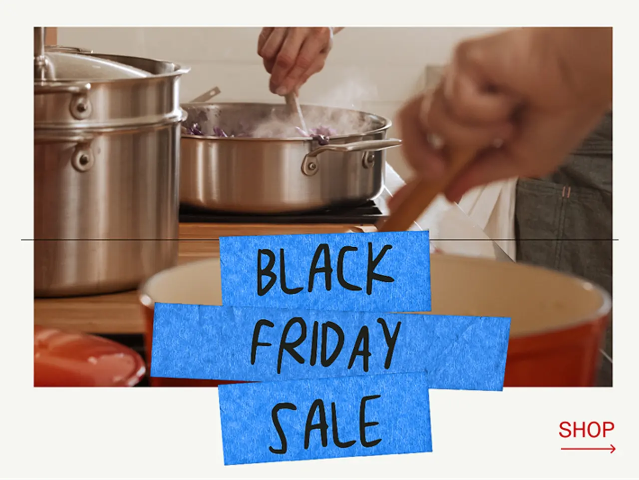 A person stirs food in a pot while a "Black Friday Sale" banner is prominently displayed in the foreground.