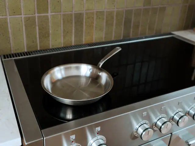 A stainless steel frying pan sits on an induction stove top with control knobs visible in the foreground.