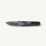 A sleek, black folding knife with a textured handle and the words "MADE IN" printed on the blade.