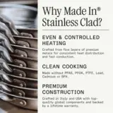 A promotional graphic highlights the benefits of Made In® stainless clad cookware, emphasizing even heating, clean cooking without harmful substances, and premium construction sourced from Italy and the USA.