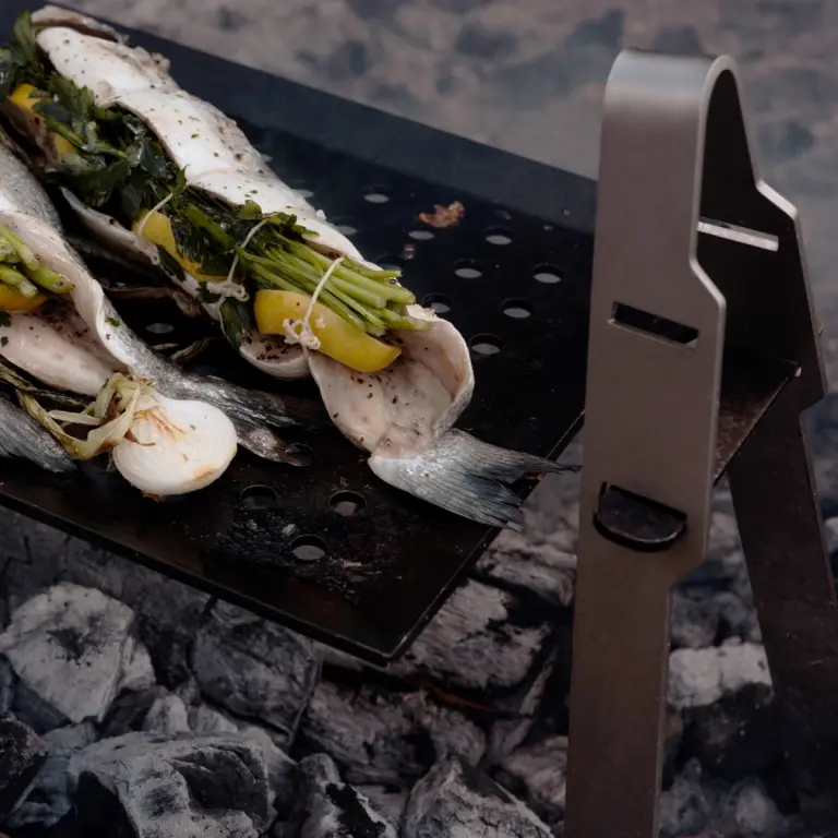fish on griddle with stand